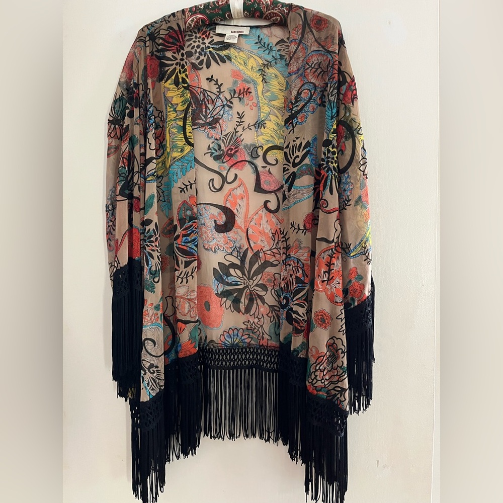Sans Souci Multicolor Floral Kimono with Fringe